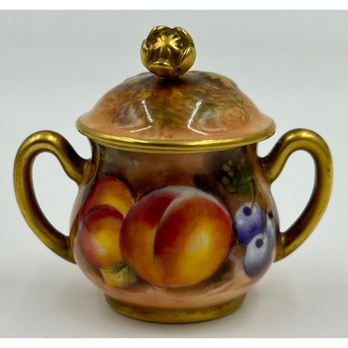 358 - A Royal Worcester fruit-decorated three-piece miniature tea set, teapot by Roberts 8cm, jug by P. Pl... 