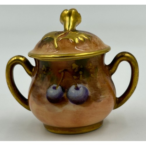 358 - A Royal Worcester fruit-decorated three-piece miniature tea set, teapot by Roberts 8cm, jug by P. Pl... 