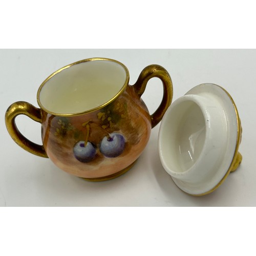 358 - A Royal Worcester fruit-decorated three-piece miniature tea set, teapot by Roberts 8cm, jug by P. Pl... 