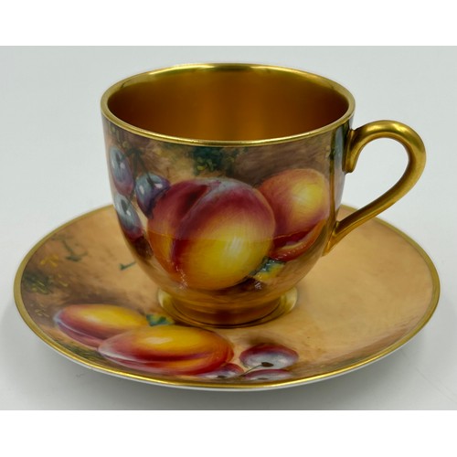 361 - A Royal Worcester coffee can and saucer and a cabinet cup and saucer, both painted with fruit on a m... 