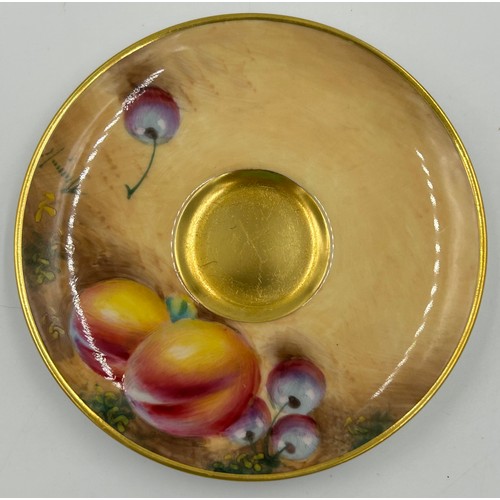 361 - A Royal Worcester coffee can and saucer and a cabinet cup and saucer, both painted with fruit on a m... 