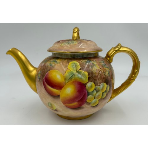 363 - A Royal Worcester teapot hand painted with fruit and leaves signed Leaman. approx. 13.5cm h.