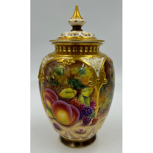 368 - An ornate Royal Worcester vase decorated with fruit, signed H. Henry, Royal Worcester black factory ... 