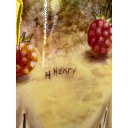 368 - An ornate Royal Worcester vase decorated with fruit, signed H. Henry, Royal Worcester black factory ... 