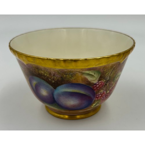 374 - A Royal Worcester sugar bowl 11.5cm d and milk jug 9cm h decorated with plums and berries on a moss ... 