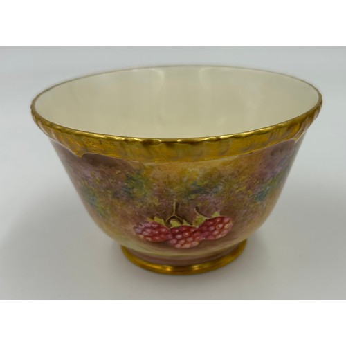 374 - A Royal Worcester sugar bowl 11.5cm d and milk jug 9cm h decorated with plums and berries on a moss ... 