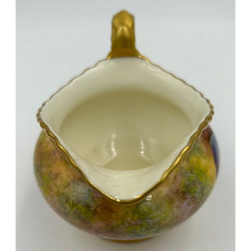 374 - A Royal Worcester sugar bowl 11.5cm d and milk jug 9cm h decorated with plums and berries on a moss ... 