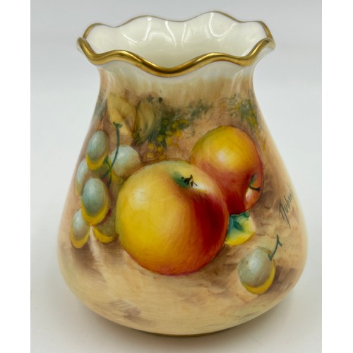 375 - Two Royal Worcester half painted baluster vases decorated with fruit on mossy background 11cm one si... 