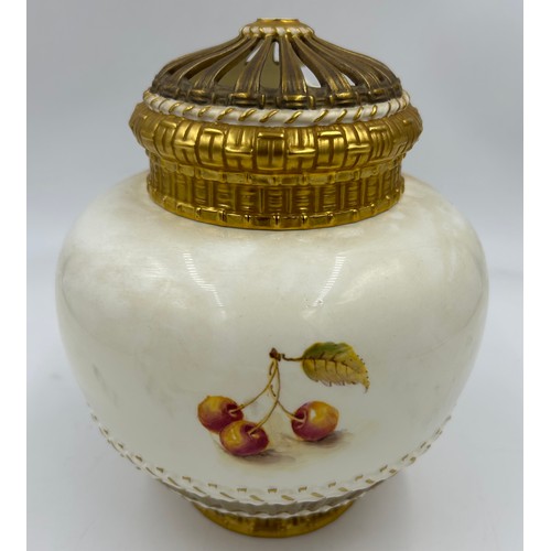 377 - A large Royal Worcester potpourri jar decorated with peaches and grapes on a moss background signed ... 