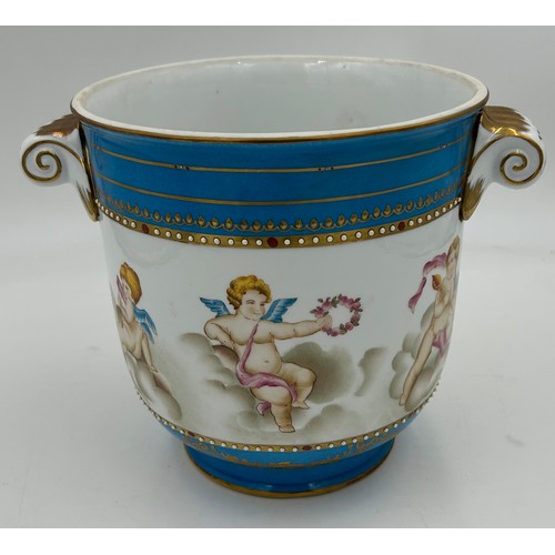 385 - A polychrome porcelain cache pot decorated with winged cherubs. Cross swords to base. 20cm h x 19cm ... 