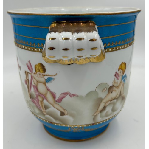 385 - A polychrome porcelain cache pot decorated with winged cherubs. Cross swords to base. 20cm h x 19cm ... 