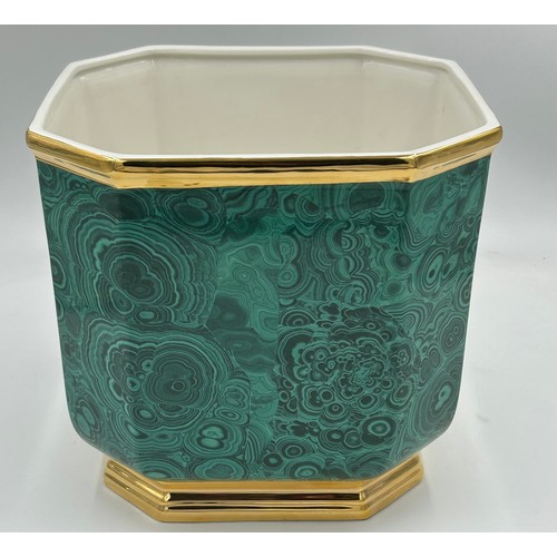 386 - A large glazed earthenware square planter with cut edges decorated in malachite style and gold trim ... 