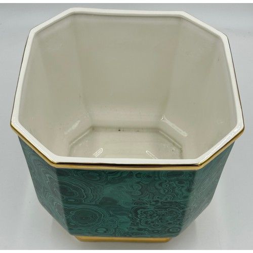 386 - A large glazed earthenware square planter with cut edges decorated in malachite style and gold trim ... 