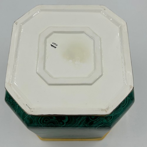 386 - A large glazed earthenware square planter with cut edges decorated in malachite style and gold trim ... 