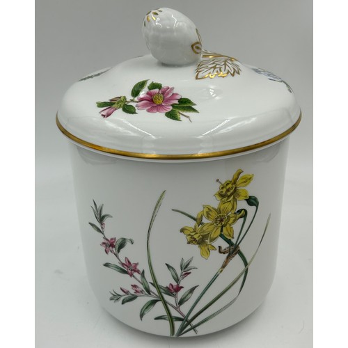 387 - A Spode Copeland lidded storage jar 'Stafford Flowers' F1651-N, 25cm with lid along with an orange V... 