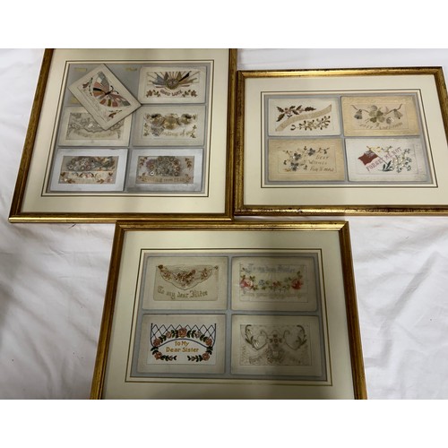 915 - Early 20thC embroidered greeting cards in 4 painted frames. (16).