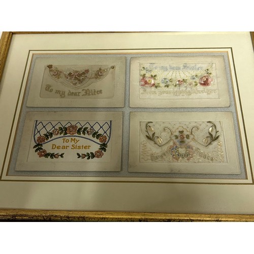 915 - Early 20thC embroidered greeting cards in 4 painted frames. (16).