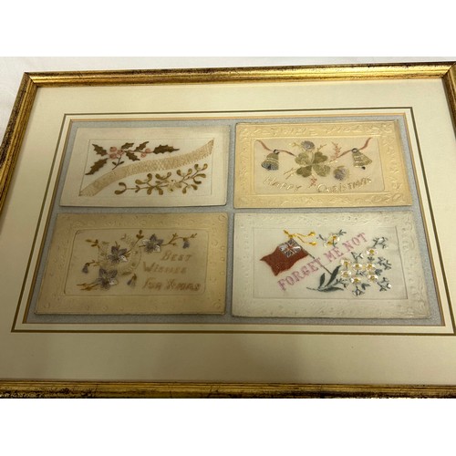 915 - Early 20thC embroidered greeting cards in 4 painted frames. (16).