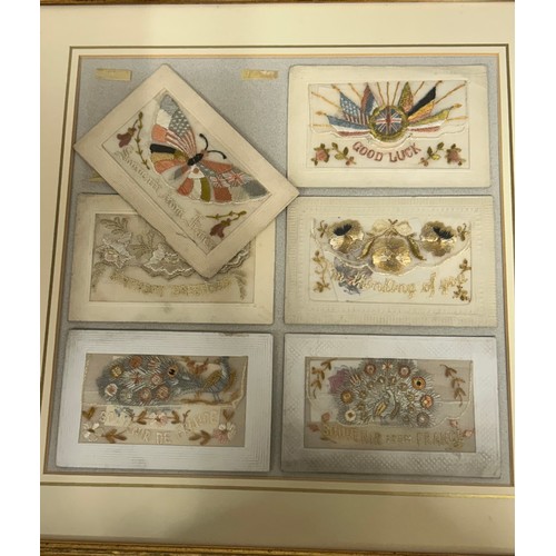 915 - Early 20thC embroidered greeting cards in 4 painted frames. (16).