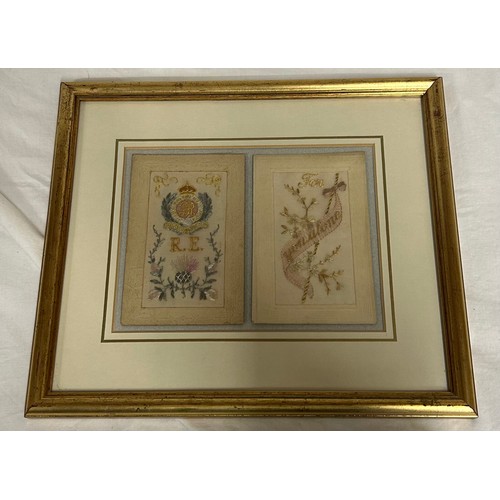 915 - Early 20thC embroidered greeting cards in 4 painted frames. (16).