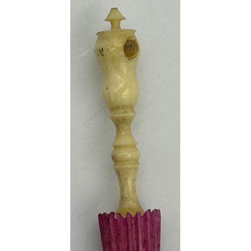 1174 - A miscellany to include a tartan pin cushion, a carved bone stanhope, 10cm in the form of a parasol ... 