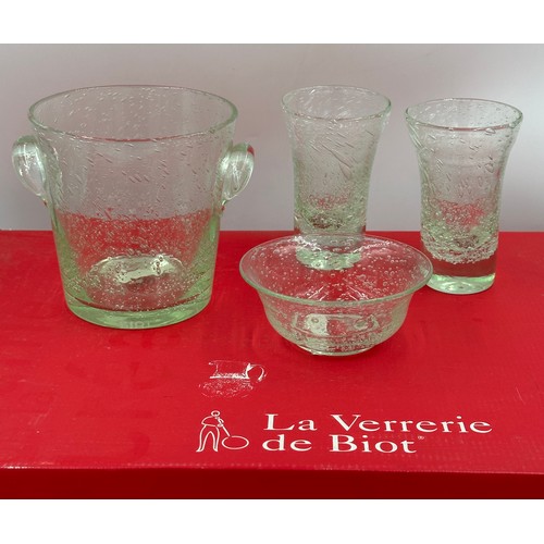 486 - A La Verrerie de Biot aperitif service in handmade blown green glass to include 6 x glasses 13cmh, i... 