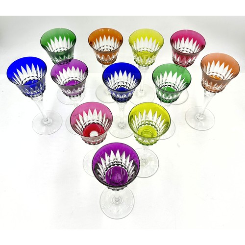 487 - A set of 12 Baccarat coloured cut crystal wine glasses in 6 colourways, 2 of each colour. 20cm h etc... 