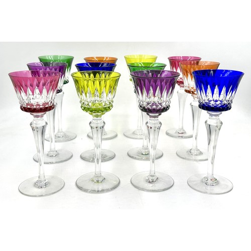 487 - A set of 12 Baccarat coloured cut crystal wine glasses in 6 colourways, 2 of each colour. 20cm h etc... 