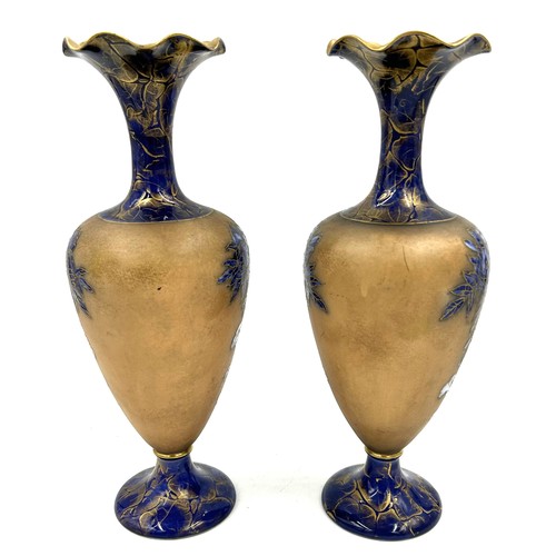 390 - A pair of 19thC ceramic vases with gilt edged floral design in cobalt blue and brown 29cm, indistinc... 