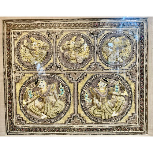 871 - A Burmese late 19thC framed relief panel with metal thread and bead work depicting five dancing figu... 