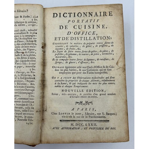 1036 - Dictionnaire Portatif de Cuisine d'office, et de Distillatio. Nouvelle edition 1772.