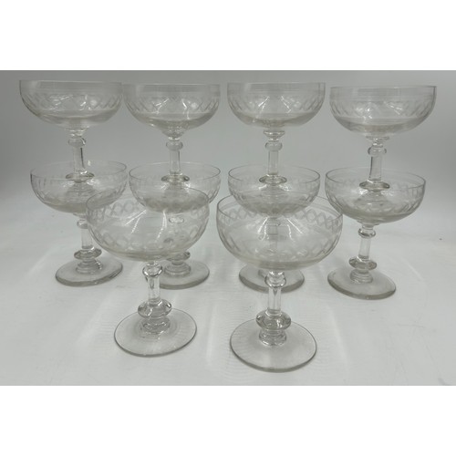 489 - A selection of mid century etched ribbon design glasses to include 10 x Champagne Coupes 12cm, 5 x s... 