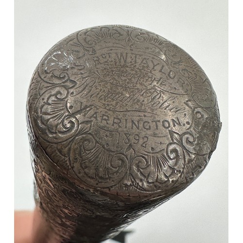 1176 - A coromandel and hallmarked silver walking cane with inscription 1892 Warrington to top, marks indis... 