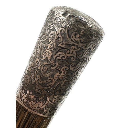 1176 - A coromandel and hallmarked silver walking cane with inscription 1892 Warrington to top, marks indis... 