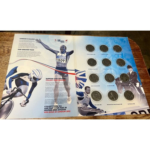 724 - Coins to include Olympic Legends, 1974 proof set decimal coins, 2010 coin set, British Military Mone... 