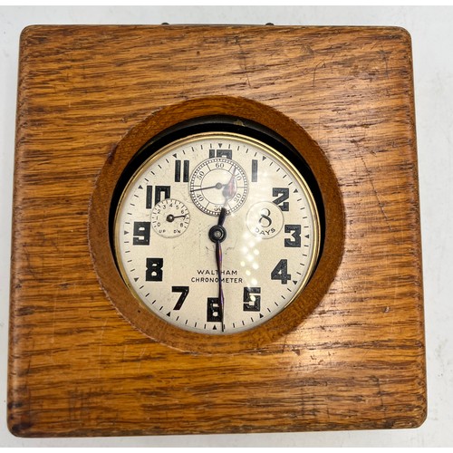 988 - Waltham ship watch/chronometer in fitted oak case. 12cm x 12cm.