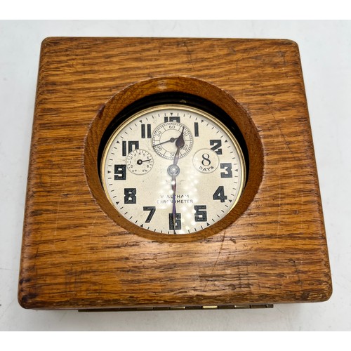 988 - Waltham ship watch/chronometer in fitted oak case. 12cm x 12cm.