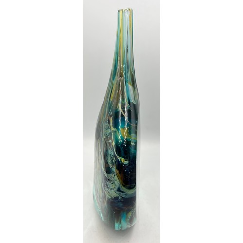 491 - Michael Harris Mdina ‘cut ice’ fish vase 23cm h. Signed to base Michael Harris Mdina glass Malta.