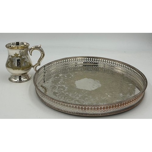 767 - A quantity of silverplated items to include a large pierced gallery tray 46cm, round serving tray 30... 