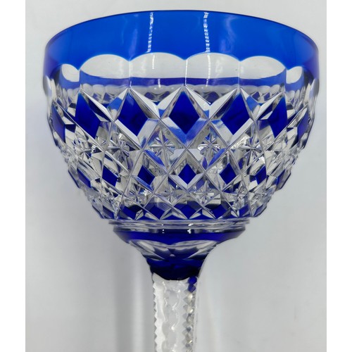 494 - A set of 10 x blue Val St Lambert cut glass rounded hock glasses with hexagonal stems and decorated ... 