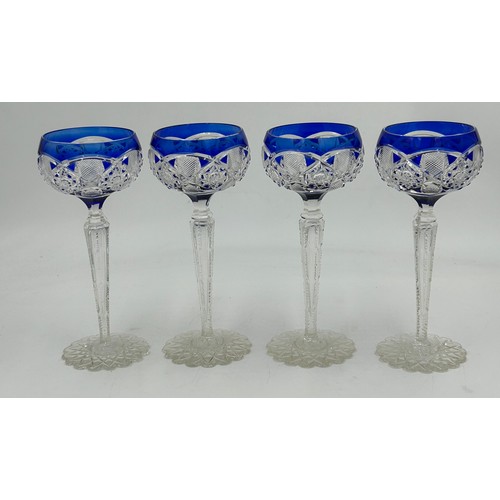 494 - A set of 10 x blue Val St Lambert cut glass rounded hock glasses with hexagonal stems and decorated ... 