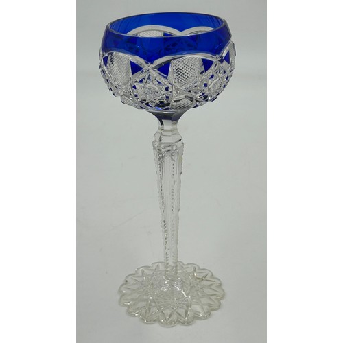 494 - A set of 10 x blue Val St Lambert cut glass rounded hock glasses with hexagonal stems and decorated ... 