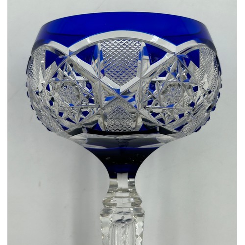 494 - A set of 10 x blue Val St Lambert cut glass rounded hock glasses with hexagonal stems and decorated ... 