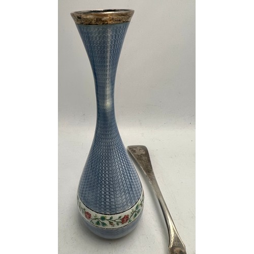 812 - A white metal guilloche enamel vase 14cm h together with a sterling silver cake/pie slice. Total wei... 