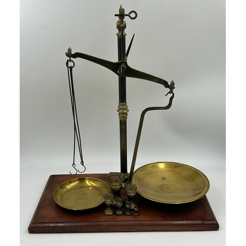 1185 - A miscellany to include a set of Librasco Balance Scales with six brass weights 53cm x 45cm x 25cm, ... 