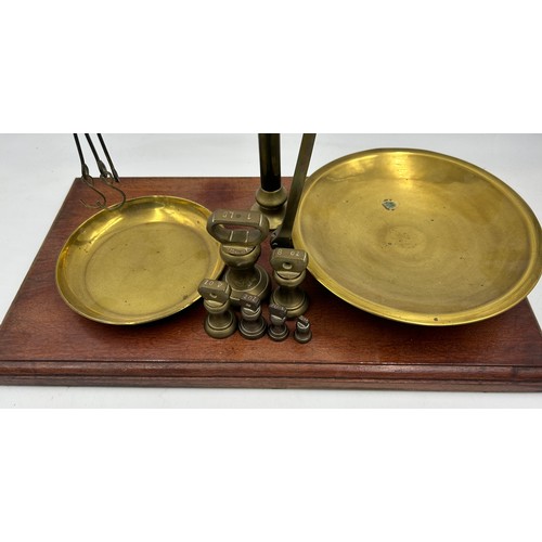 1185 - A miscellany to include a set of Librasco Balance Scales with six brass weights 53cm x 45cm x 25cm, ... 