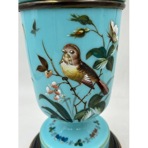 973 - A Hinks & Son Victorian two section oil lamp with blue opaline body painted with birds and flowers w... 