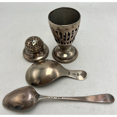 814 - Hallmarked silver to include pepperette Sheffield 1776, caddy spoon London 1791, maker Thomas Nash I... 