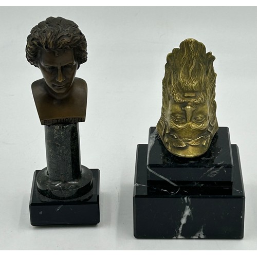 1188 - A collection of bronze, brass and metal figures to include a pair of heavy dolphins on metal bases, ... 