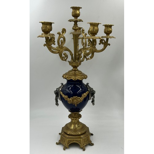 1191 - A pair of 20thC French style candelabras, gilt metal and blue porcelain 54cm h together with a gilt ... 